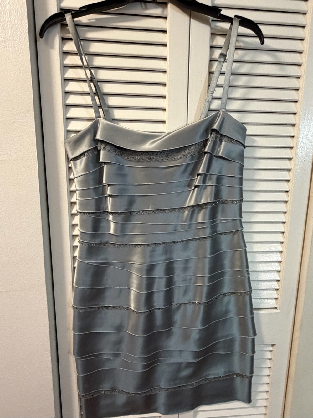 BCBGMaxAzria Silver Satin Tiered Spaghetti-Strap Mini Dress